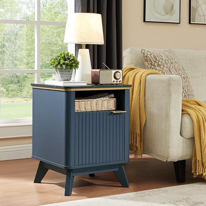 QUW Fluted Nightstands with Charging Station, Wooden Bedside Table with Faux - Image 3