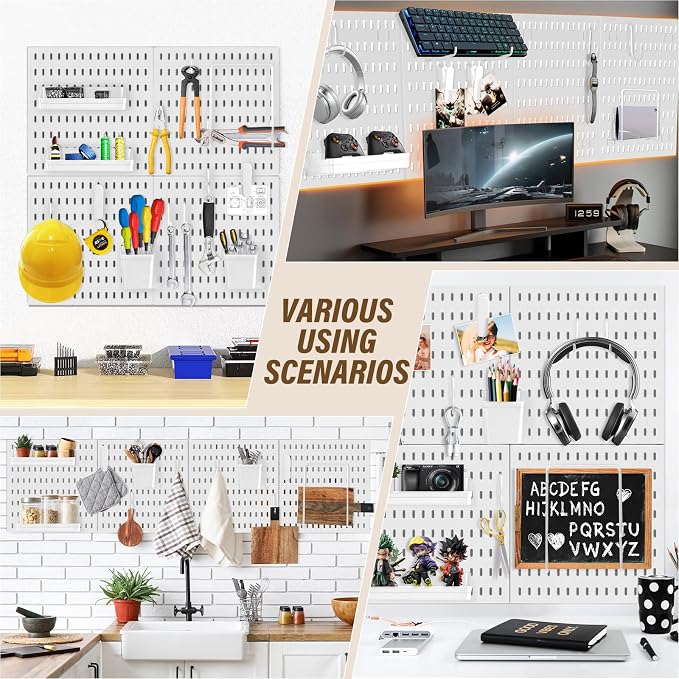 AKTOP Peg Board Wall Organizer 4-Pack – 12"x12" White Pegboard Combination Kit - Image 4