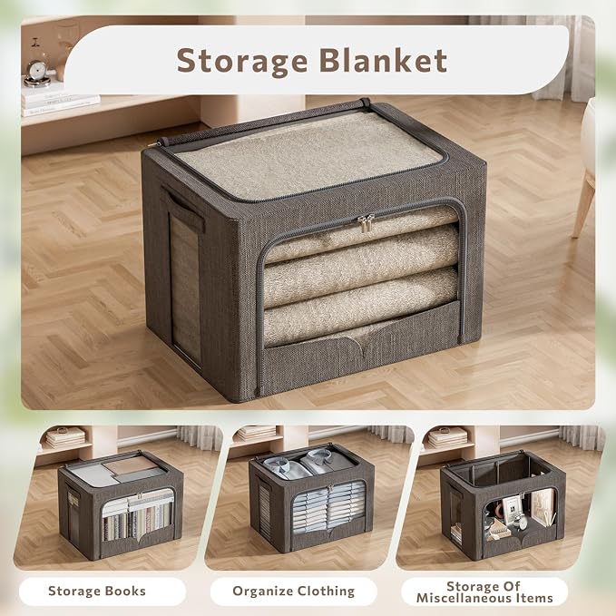 FHSQX 3 Pack Clothes Storage Bins Foldable Metal Frame Storage Box Stackable - Image 3