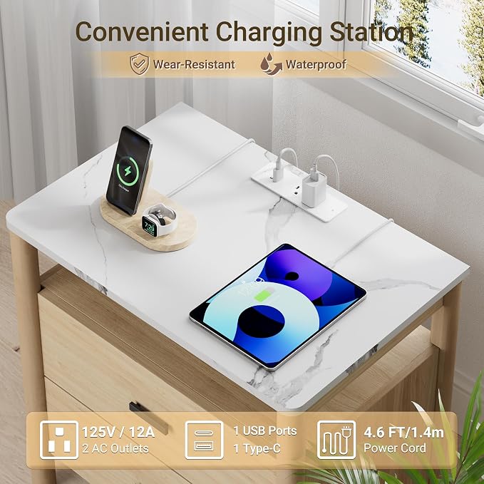 Night Stand Set of 2 with Charging Station, 2 Drawers End Table with Solid - Image 4