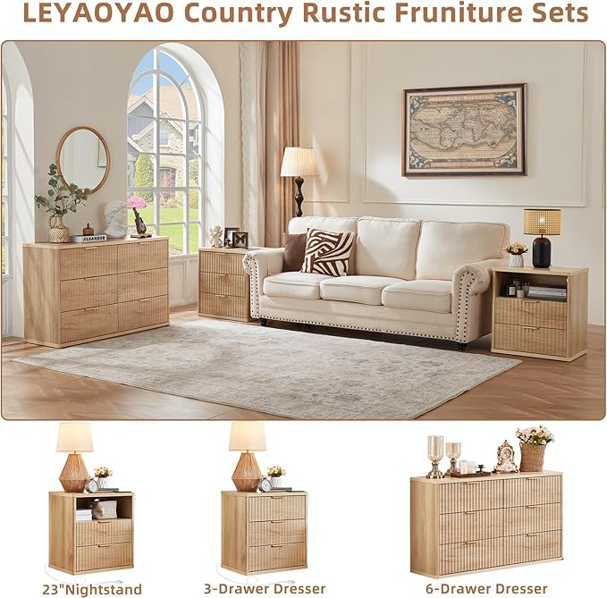 LEYAOYAO Fluted 6 Drawers Dresser Set of 2, Curved Profile Design, Dresser TV - Image 3