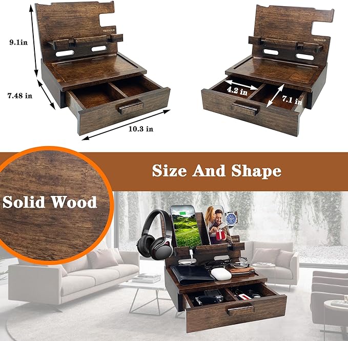 Gifts for Men Women Husband Son Boyfriend Him Nightstand Organizer Wood Phone - Image 3
