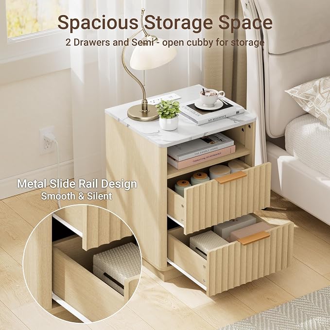 Fluted Night Stand Set 2 with Charging Station, 2 Drawers End Table with Storage - Image 6