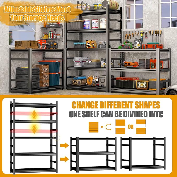 72'' Garage Storage Shelves, 5 tier Shelving Unit Metal, Adjustable, - Image 7