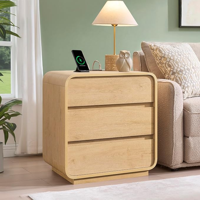 Natural Curved Nightstand Set of 2, 23.2" Large Wood Bedside Table - Image 3