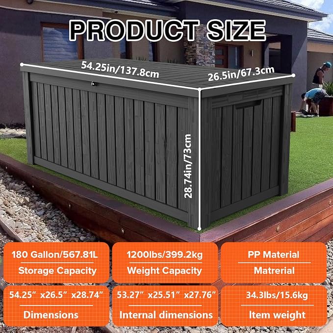 TARKARI 180 Gallon Lockable Resin Deck Box, Waterproof & UV-Resistant Outdoor - Image 3