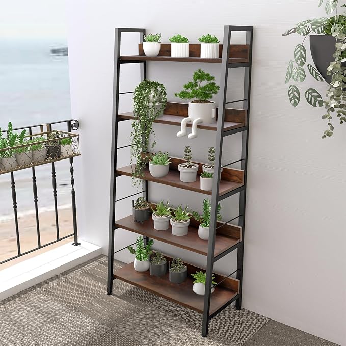 Himimi Bookshelf, Industrial Wood Bookshelves and Bookcases, Ladder Shelf 5 Tier - Image 2