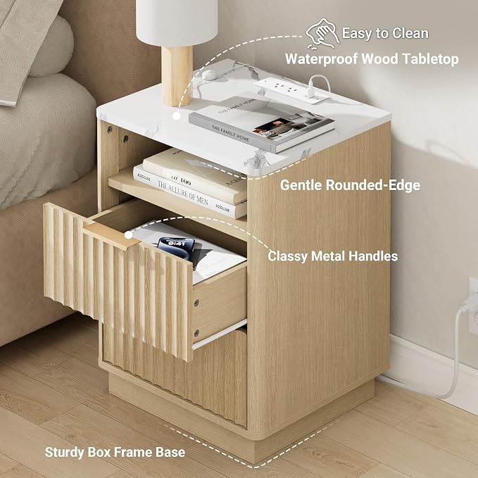 Fluted Night Stand with Charging Station, 2 Drawers End Table with Storage - Image 5