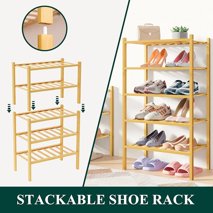 Smiry Bamboo Shoe Rack for Closet, 6 Tier Small Wooden Stackable Shoe Organizer - Image 3