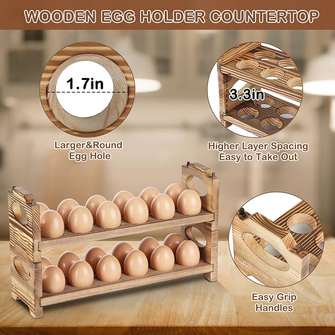 Wooden Egg Holder & Storage-3Tier /36-Hole Stackable Holds Fresh Eggs, - Image 5
