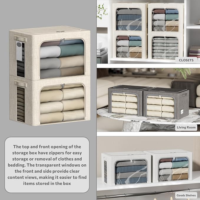 4 Pack Clothes Storage Bins - 66L Stackable Storage Box with Lid，Foldable - Image 2