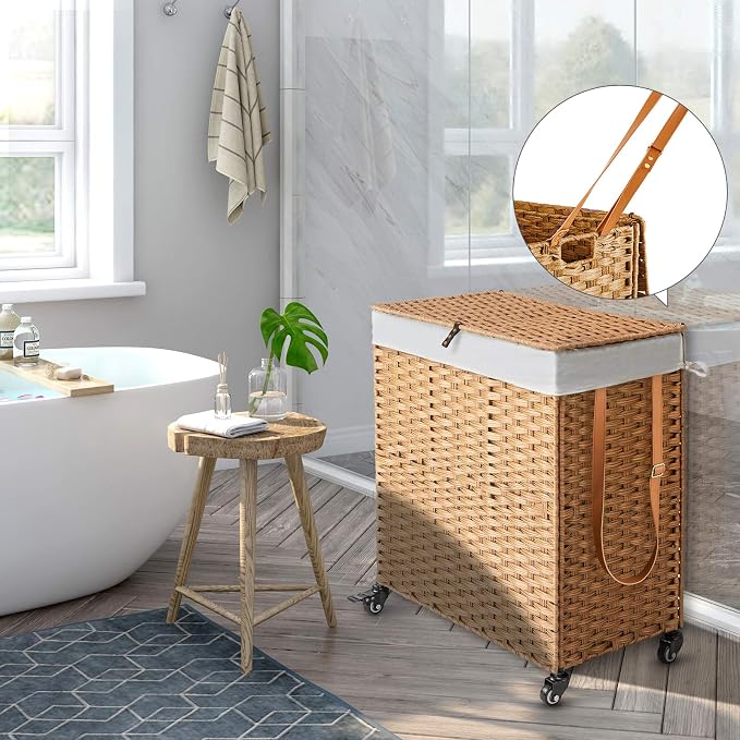 Greenstell Laundry Hamper with Wheels, No Install Needed, 90L Divided Handwoven - Image 2