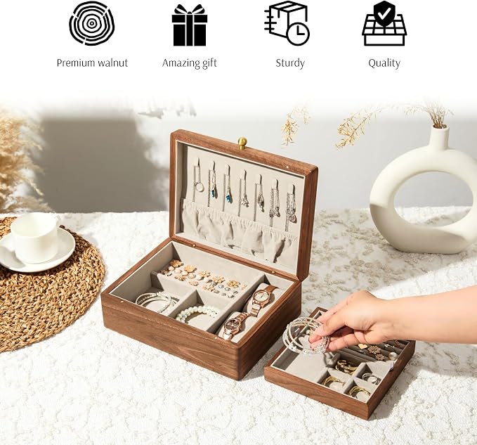 Wooden Jewelry Box, Two Layer Medium Size Real Natural Solid Walnut Wood - Image 2