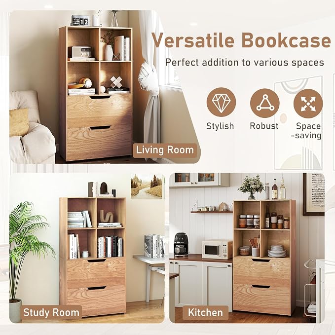 Giantex Bookshelf with 4 Cubes & 2 Drawers, 51” Tall Floor Bookcase with - Image 6