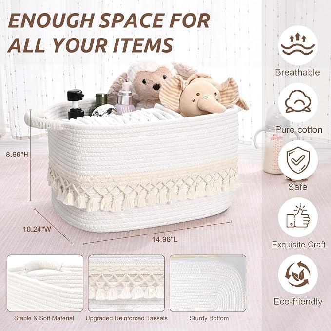 3 Pack Storage Basket for Shelves, Boho Cotton Rope Storage Bins - Image 3