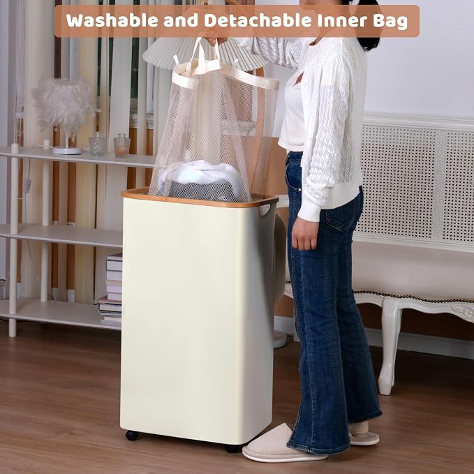 Laundry Basket with Wheels, 110L Beige Clothes Hamper - Image 4