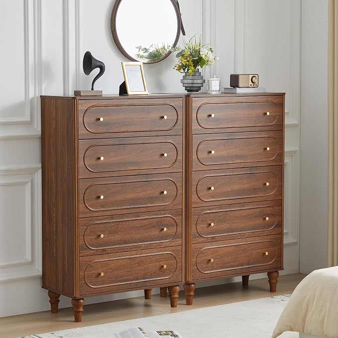 Fluted 5 Drawer Dresser for Bedroom Set of 2, Modern Mid Century Chest of by ORRD