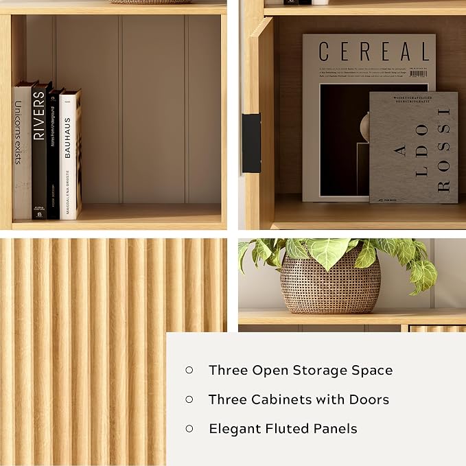 Fluted Storage Bookshelf, Modern Wooden 6 Cube Bookcase - Image 2