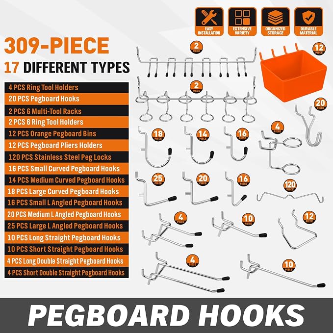 HORUSDY 309 PCS Pegboard Hooks Assortment Kit – 17 Types Heavy Duty Peg Board - Image 2