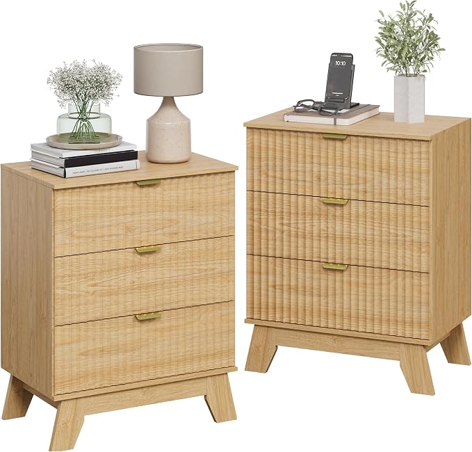 Night Stand Set 2, Bedside Table & End Table, Mid Century Modern Fluted Wood - Image 3