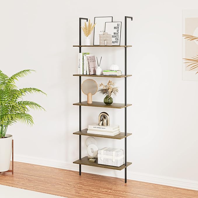 5 Tiers Ladder Shelf 2-Piece Black Modern Tall Bookshelf Open Large Tall Wall - Image 2