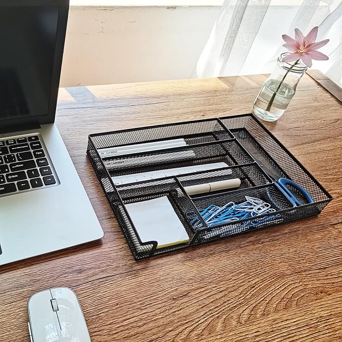 2-Pack Metal Mesh Desk Drawer Organizer Tray Set, 6-Compartment Office Drawer - Image 2