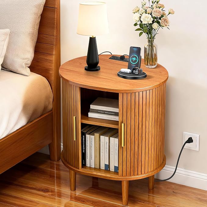 Nightstand with Charging Station, Fluted Accent Side Table with Sliding Door & - Image 3
