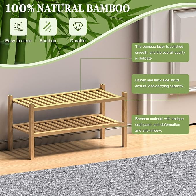 (Thick Bamboo Shoe Rack for Entryway, 2-Tier Free Standing Shoe Racks Stackable - Image 6