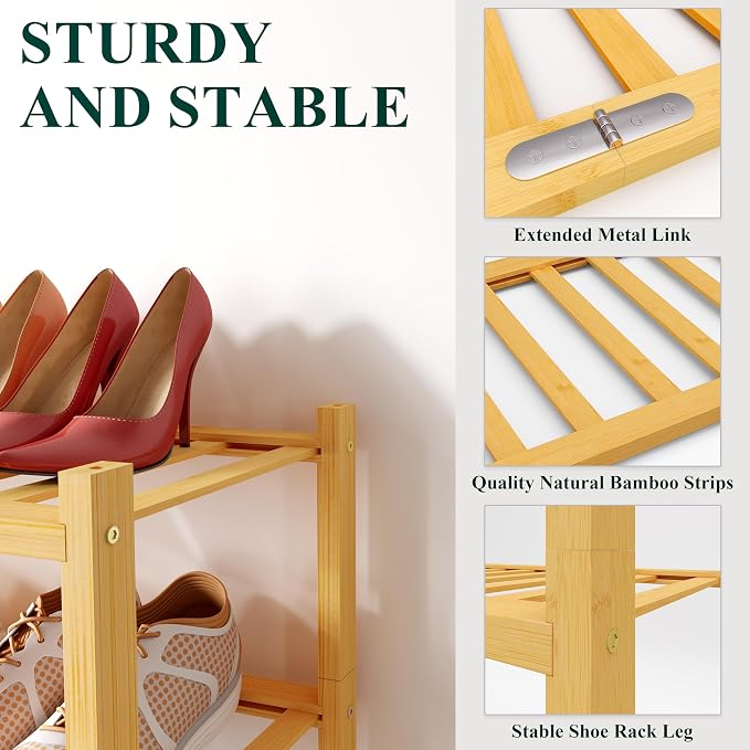 Smiry Bamboo Shoe Rack for Closet, 2 Tier Wooden Stackable Shoe Organizer - Image 3