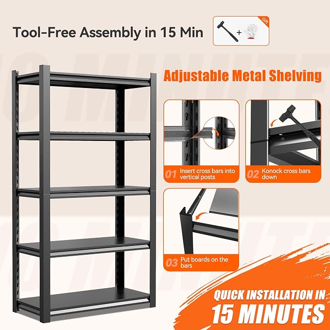 32" W Storage Shelves 2500LBS Garage Shelving Heavy Duty 5 Tier Adjustable - Image 7