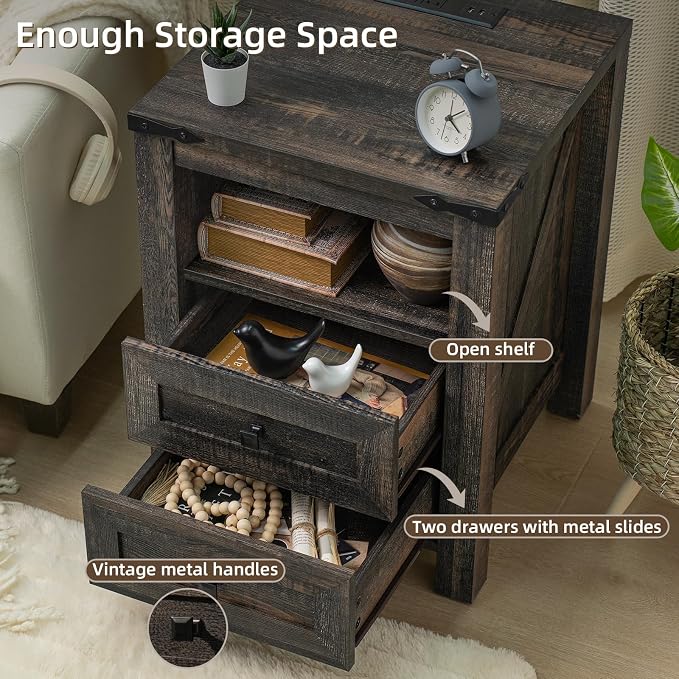 Nightstand with Charging Station and USB Port, Farmhouse Side End Table with 2 - Image 5