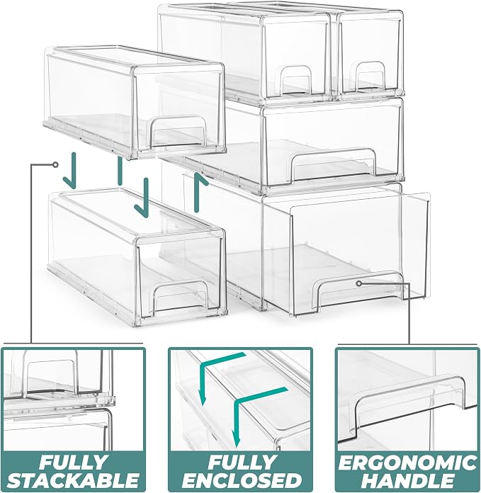 Sorbus Small Clear Stackable Storage Drawers – 4-Pack Plastic Organizer Bins - Image 4