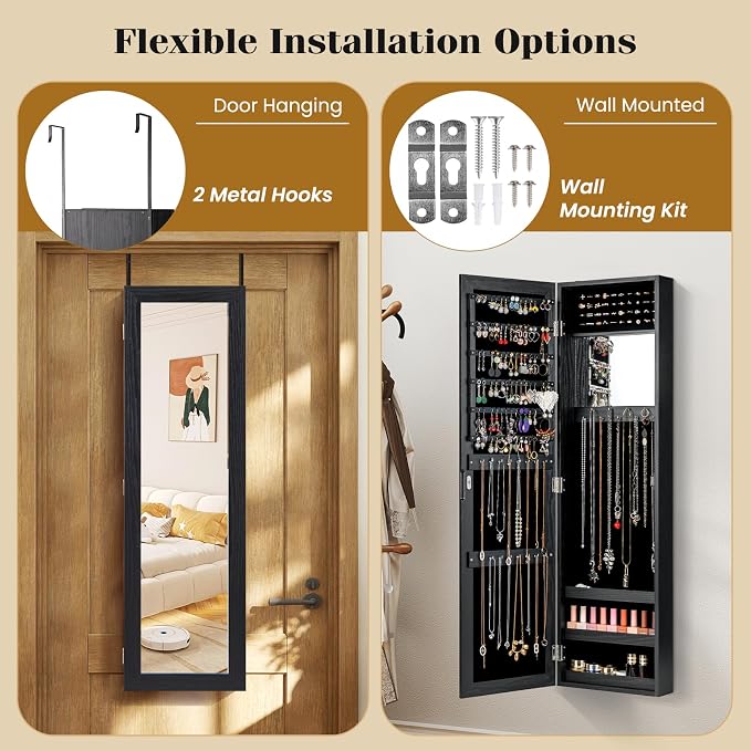 COSTWAY Full Length Mirror Jewelry Cabinet, Wall Door Mounted Jewelry Organizer - Image 6