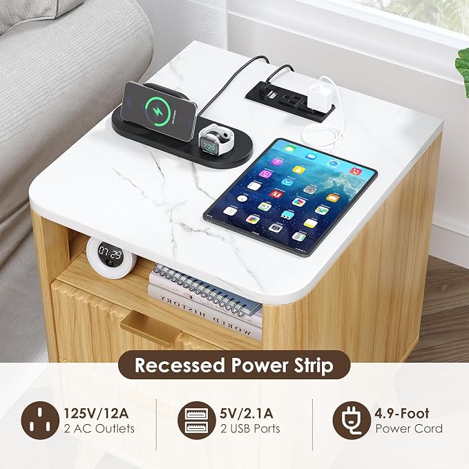 Nightstand with Charging Station, Fluted Nightstand with LED Lights, Modern - Image 4