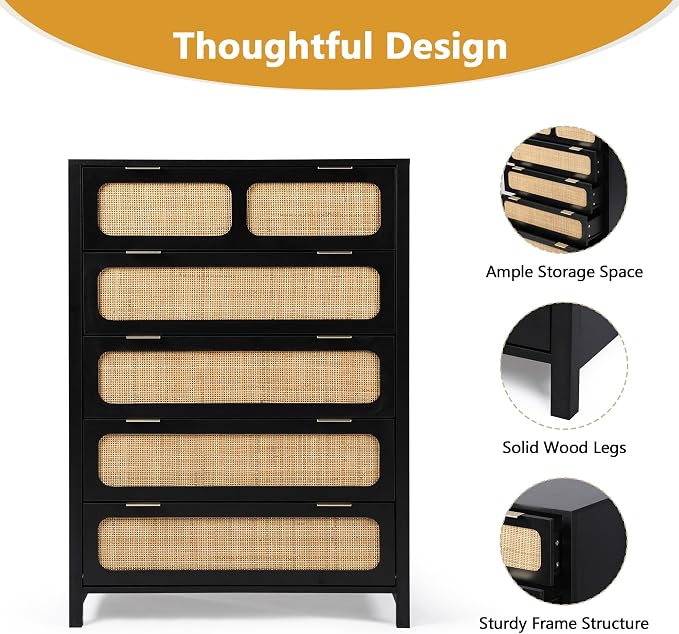 LEVNARY 5 Drawer Chest Dresser, Rattan Tall Dresser 5 Chest of Drawers Dressers - Image 4