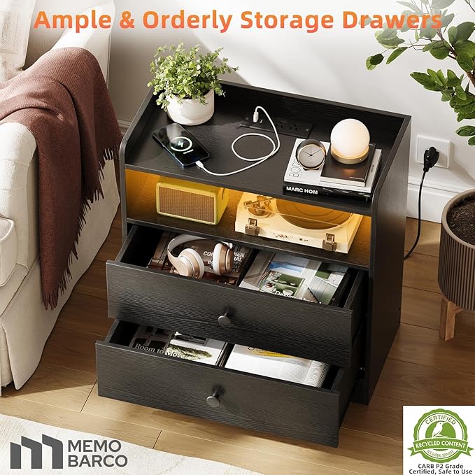 Nightstand with Charging Station and LED Light, Modern Nightstand with USB - Image 6