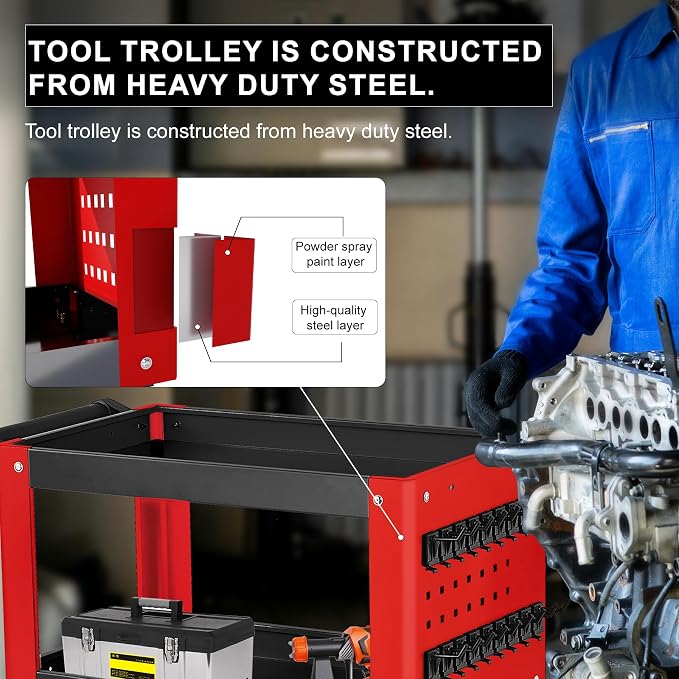 3 Tier Rolling Tool Cart on Wheels, Mechanic Storage Organizer, Rolling Work - Image 3