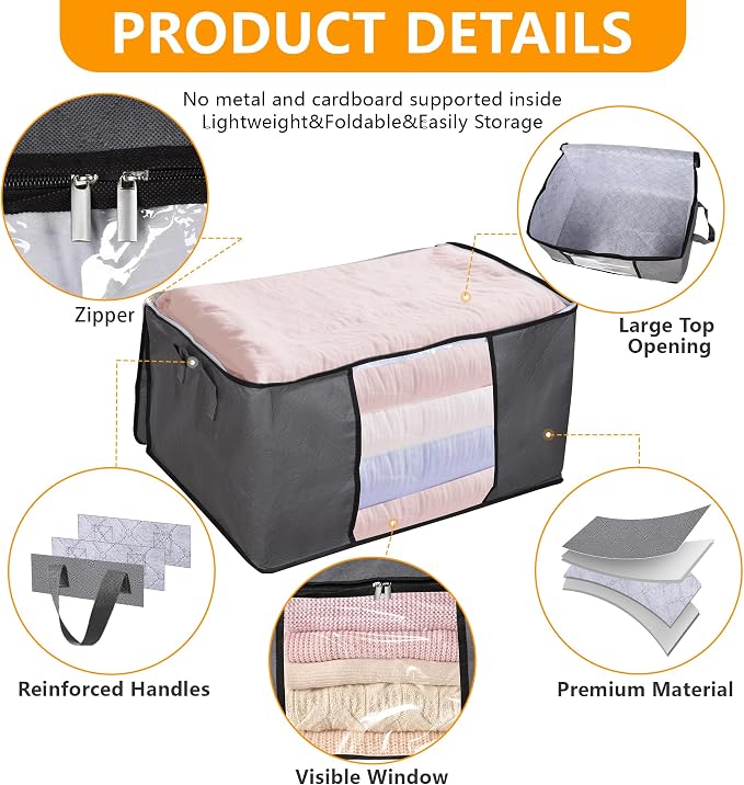 3 Pack Clothes Storage Bags, 90L Large Blanket Storage Bag Comforter Storage Bin - Image 4