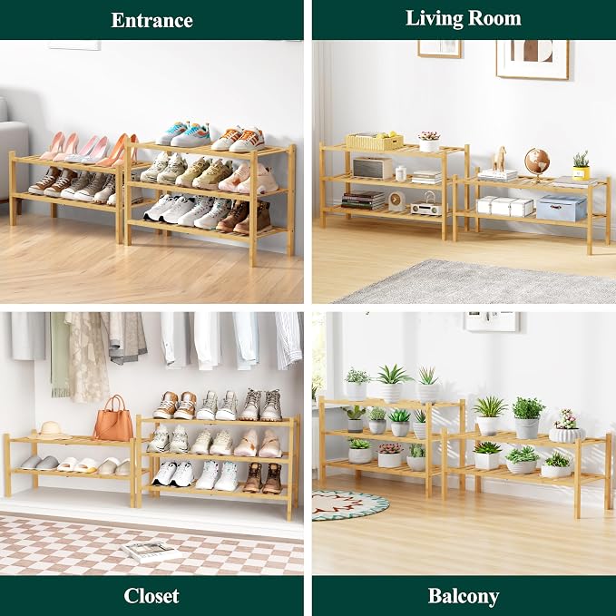 Smiry Bamboo Shoe Rack for Closet, 3 Tier Wooden Stackable Shoe Organizer - Image 7