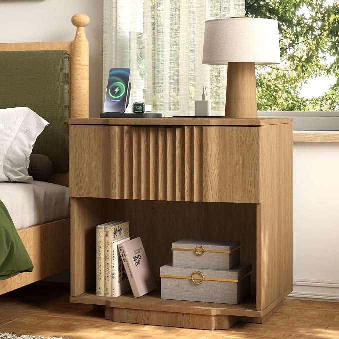 Yechen Fluted Nightstand with 20W Fast Charging Station by Yechen