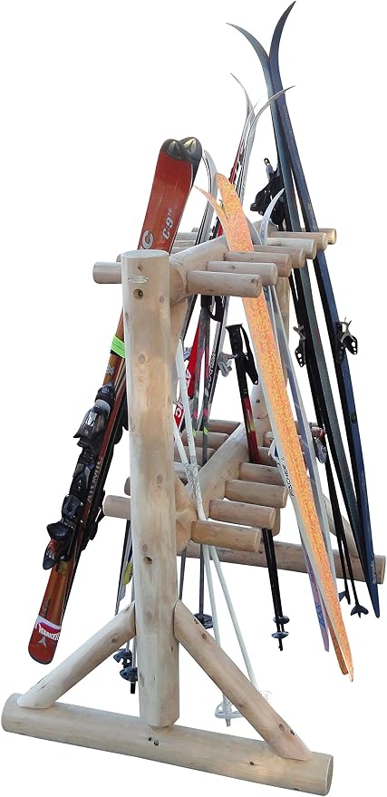 11-Place Freestanding Log Ski Rack Holder, Indoor & Outdoor Snowboard Racks - Image 5