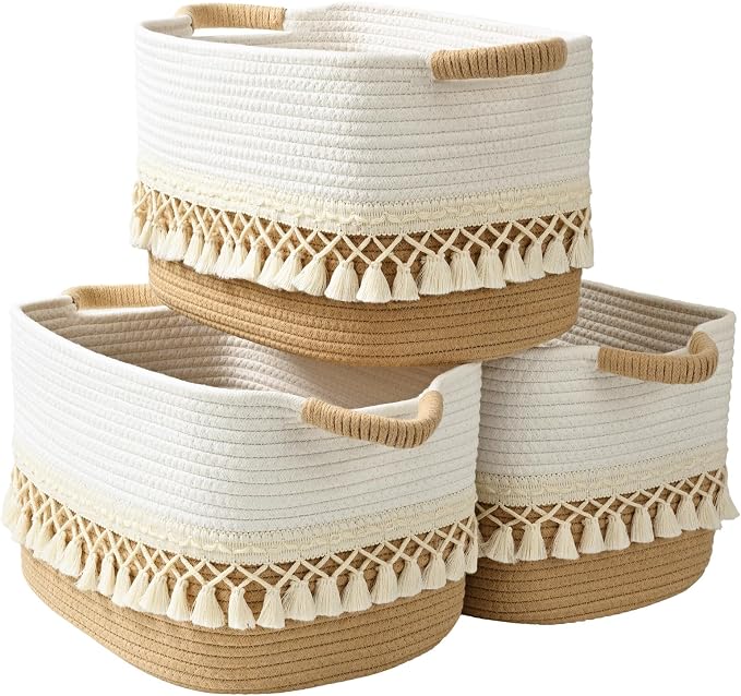 3 Pack Storage Basket for Shelves, Boho Cotton Rope Storage Bins by Degeyoyo