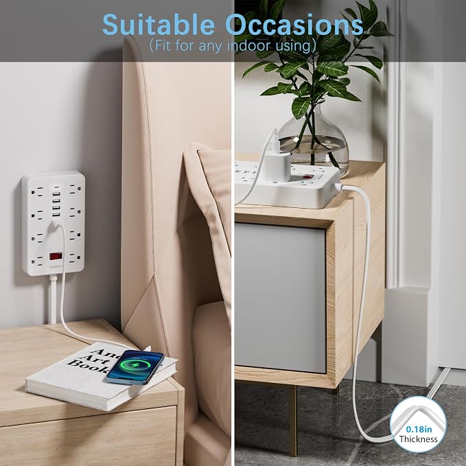 Power Strip with USB, Flat Plug Extension Cord Surge Protector 5 Ft, HUNIAN - Image 5