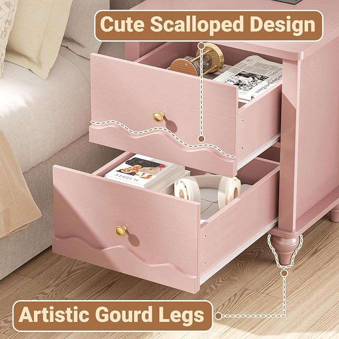 Cyclysio Nightstand with Charging Station, Side End Table with 2 Drawers - Image 5