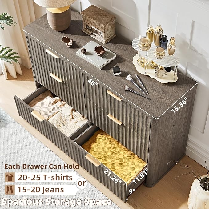 LEYAOYAO Fluted 6 Drawers Dresser, Curved Profile Design, Dresser TV Stand - Image 6