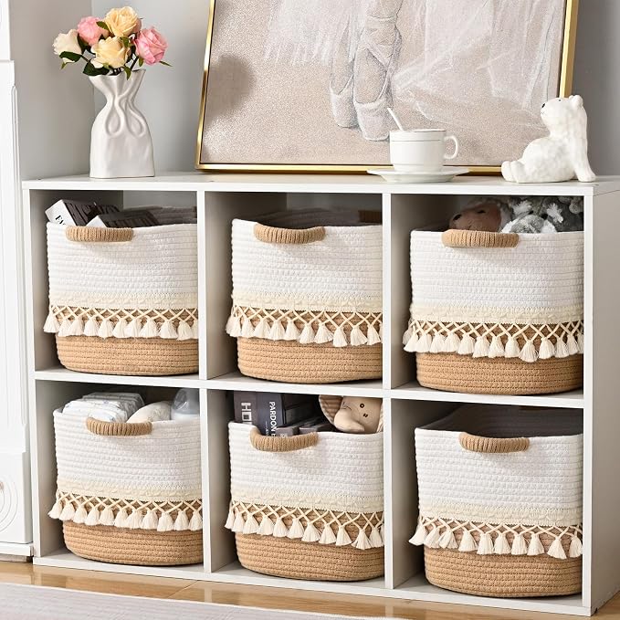 6 Pack Storage Basket for Shelves, Boho Cotton Rope Storage Bins - Image 3