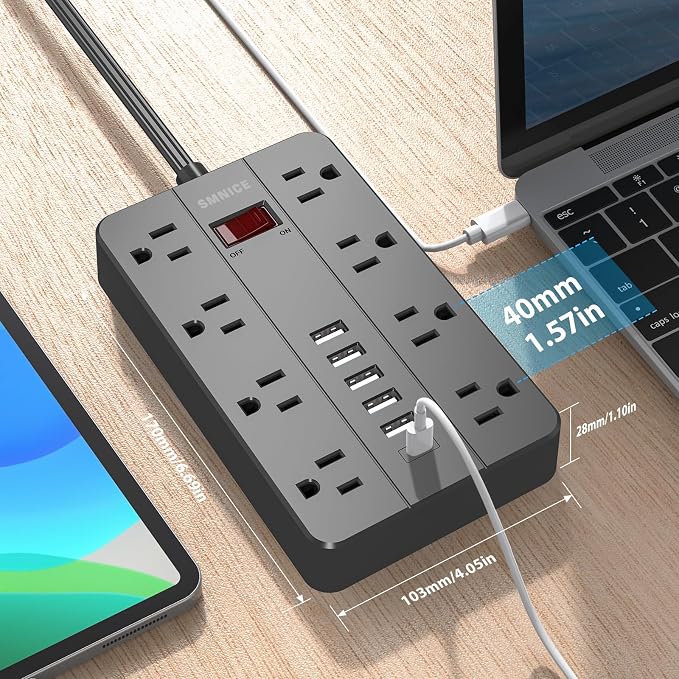 Power Strip with USB, SMNICE Surge Protector Flat Plug with 8 Widely-Spaced - Image 4