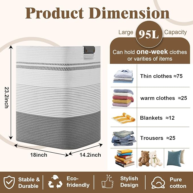 Laundry Hamper, 95L Tall Laundry Basket - Image 3