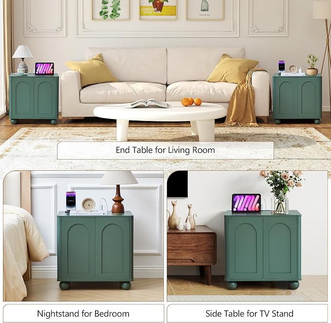 Bed Side Table with Charging Station, Mid Century Modern Nightstand with 2 Doors - Image 7