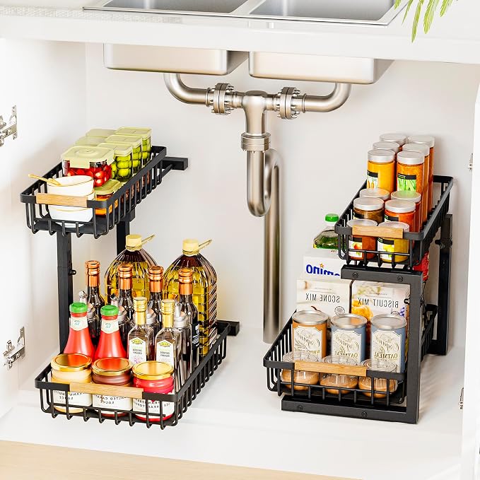 Under Sink Organizers, 2 Tier Pull Out Under Cabinet Organizer，Height by BXINREDA